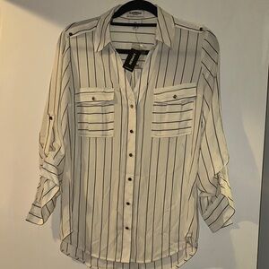 Express Women's Cream and Black Striped Button Down Shirt